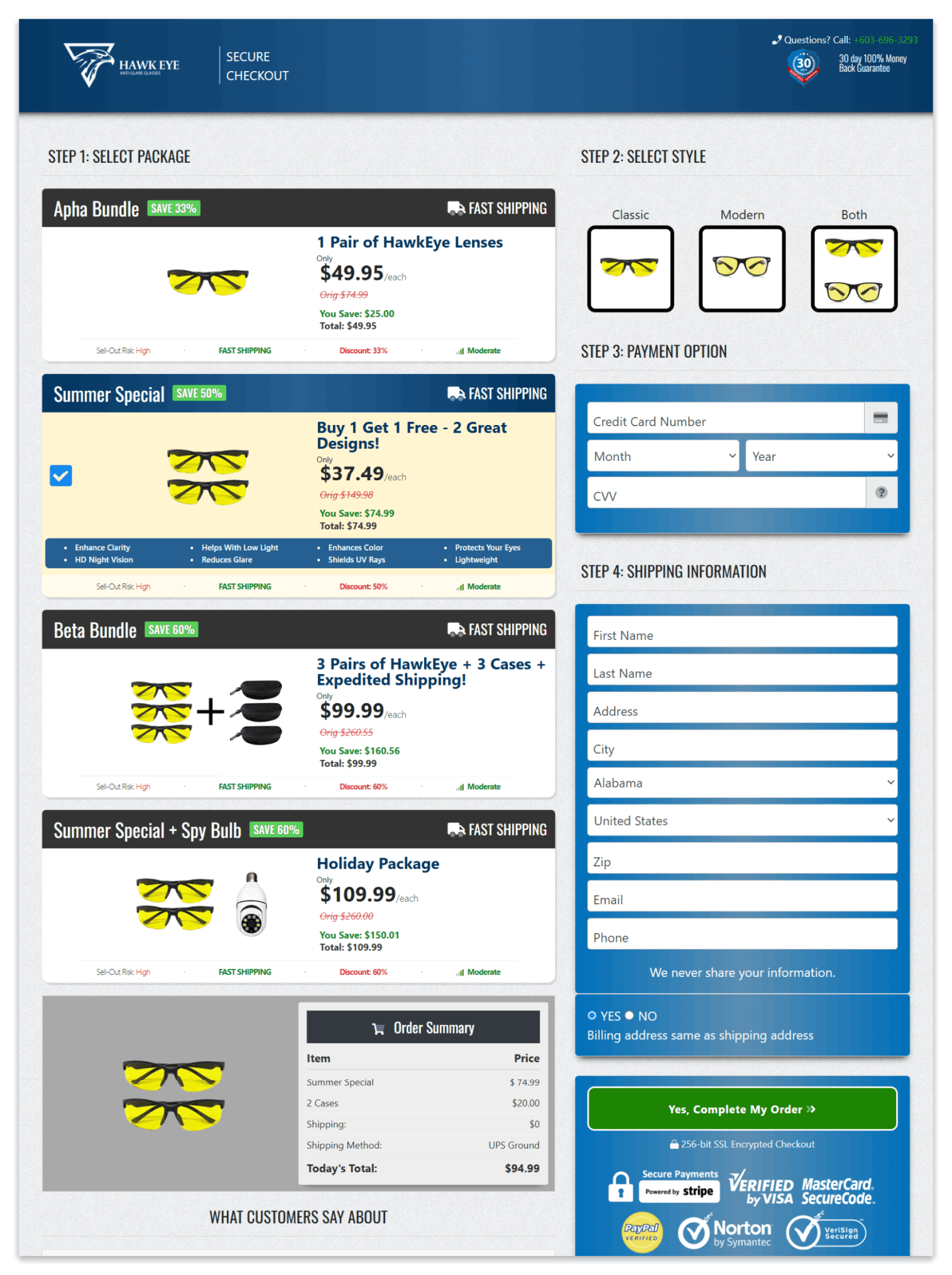 HawkEye Night Driving Glasses secure checkout page